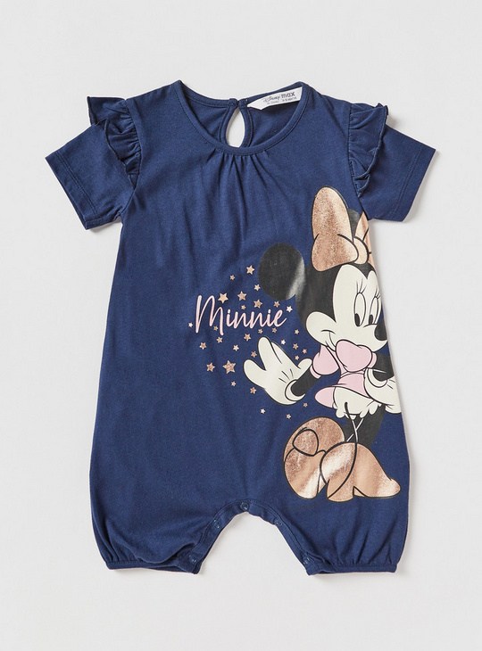 Minnie Mouse Print Romper with Ruffles and Button Closure
