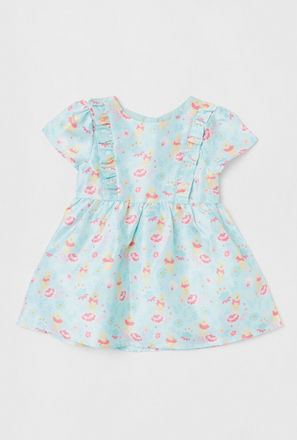 Winnie The Pooh Printed Dress with Round Neck and Ruffle Detail