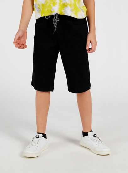 Solid Denim Shorts with Drawstring Closure and Pockets