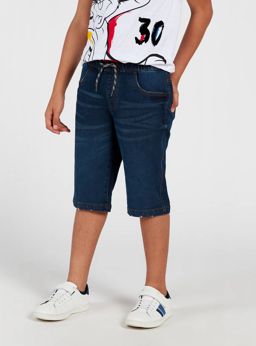 Solid Denim Shorts with Drawstring Closure and Pockets-Shorts-image-0