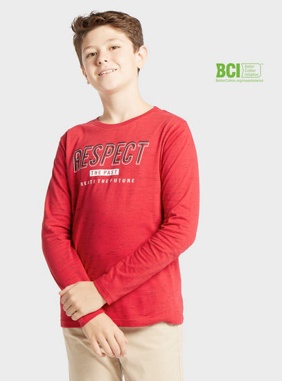 Typographic Print BCI Cotton T-shirt with Round Neck and Long Sleeves