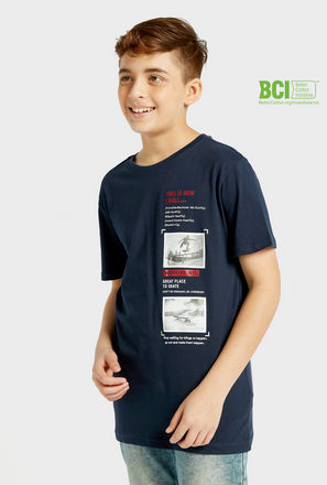 Typographic Print BCI Cotton T-shirt with Short Sleeves and Round Neck