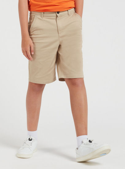Solid Mid-Rise Shorts with Pockets and Button Closure-Shorts-image-0