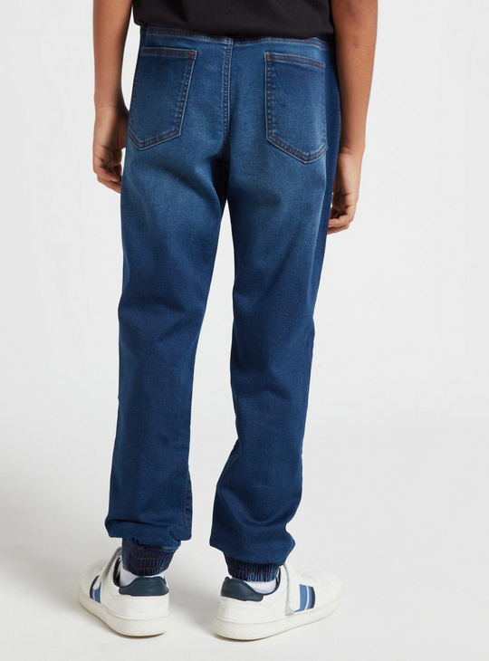 Solid Mid-Rise Denim Joggers with Drawstring Closure and Pockets