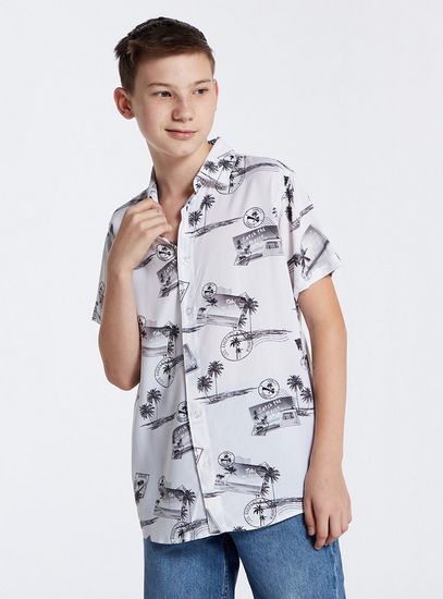 All-Over Photographic Print Shirt with Short Sleeves and Button Closure