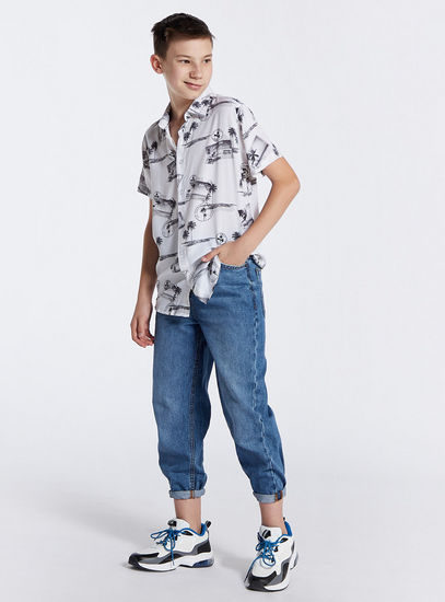 All-Over Photographic Print Shirt with Short Sleeves and Button Closure