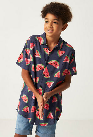 Watermelon Print Shirt with Short Sleeves and Button Closure