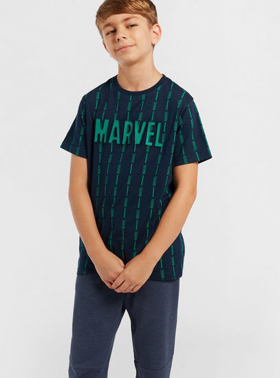 Marvel Typographic Print Striped Round Neck T-shirt with Short Sleeves