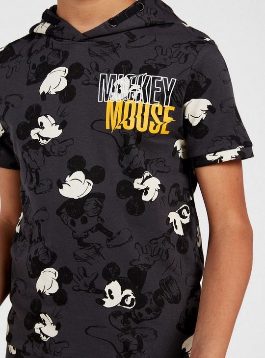 All Over Mickey Mouse Print T-shirt with Hood and Short Sleeves