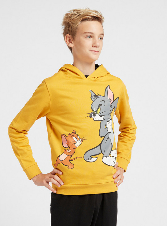 Tom and Jerry Print Sweatshirt with Hood and Long Sleeves