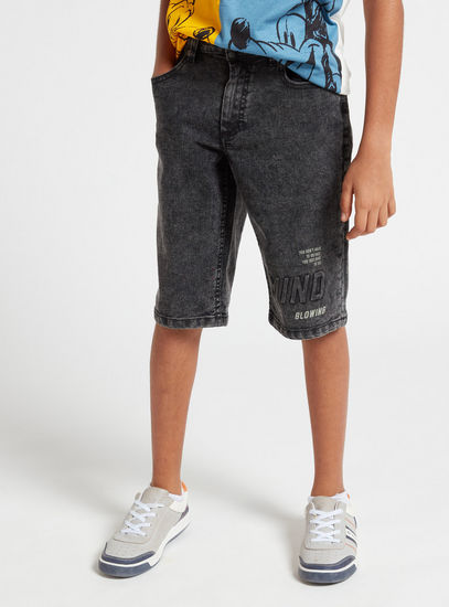 Printed Mid-Rise Denim Shorts with Pockets and Button Closure