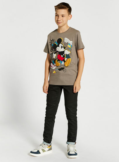 Mickey Mouse Print Round Neck T-shirt with Short Sleeves