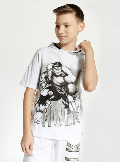 Hulk Foil Print T-shirt with Hood and Short Sleeves