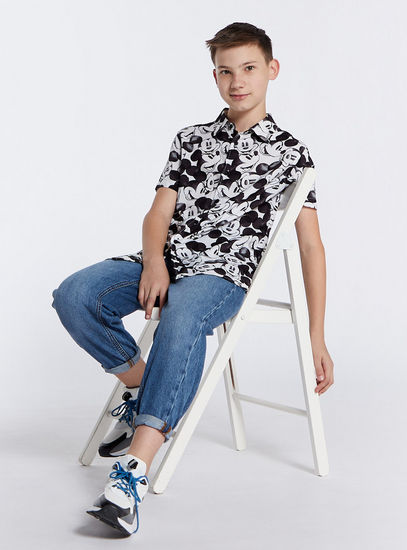 Mickey Mouse Print Shirt with Short Sleeves and Button Closure