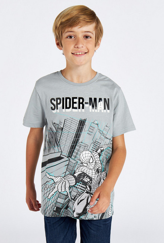 Spider-Man Print Round Neck T-shirt with Short Sleeves