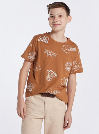 Printed Round Neck T-shirt with Short Sleeves-T-shirts-image-1