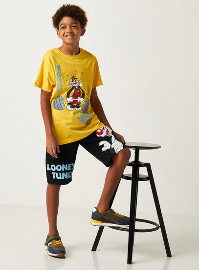 Looney Tunes Print Mid-Rise Shorts with Drawstring Closure and Pockets