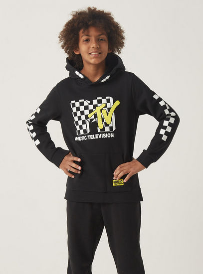 MTV Graphic Print Sweatshirt with Hood and Kangaroo Pocket