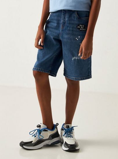 Solid Denim Mid-Rise Shorts with Button Closure and Pockets
