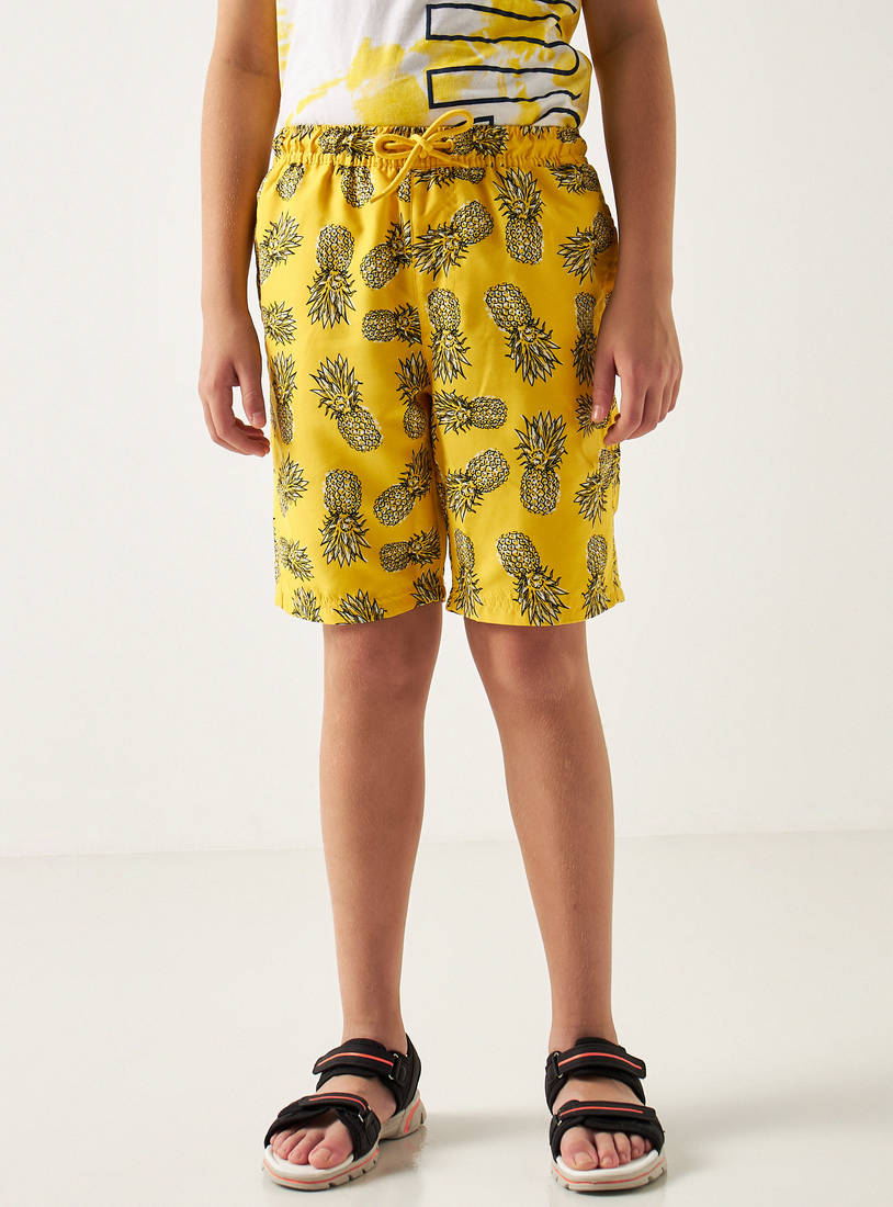 Pineapple Print Mid-Rise Swim Shorts with Drawstring Closure-Shorts-image-1