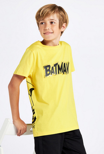 Batman Print Round Neck T-shirt with Short Sleeves