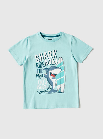 Shark Print Round Neck T-shirt with Short Sleeves