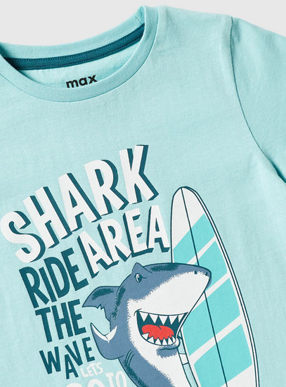 Shark Print Round Neck T-shirt with Short Sleeves