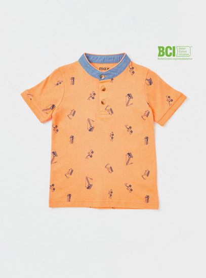 All-Over Print BCI Cotton T-shirt with Henley Neck and Short Sleeves