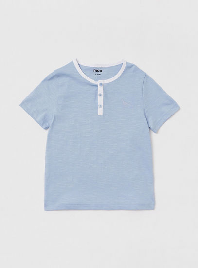 Solid T-shirt with Henley Neck and Short Sleeves