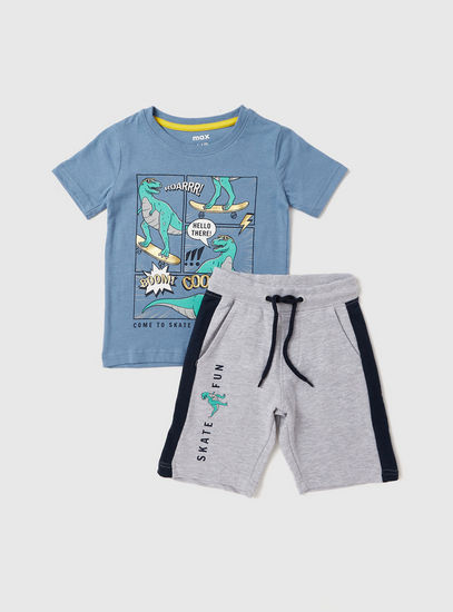 Dinosaur Print Round Neck T-shirt and Shorts Set-Sets & Outfits-image-0