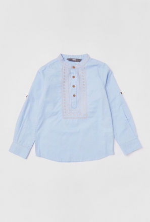 Embroidered Shirt with Mandarin Collar and Long Sleeves