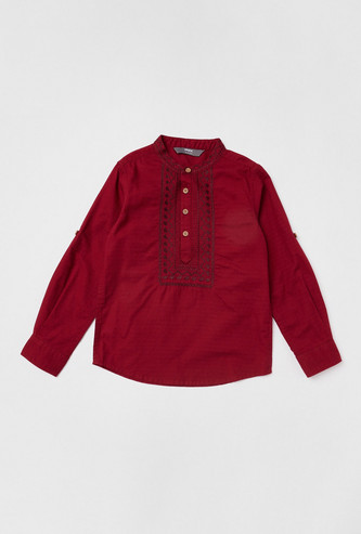 Embroidered Shirt with Mandarin Collar and Long Sleeves