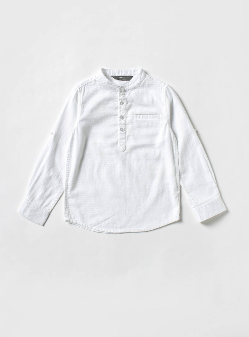 Textured Top with Mandarin Collar and Long Sleeves-Shirts-image-0