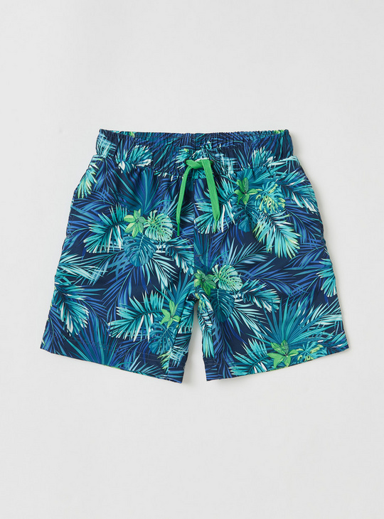Tropical Print Swim Shorts with Drawstring Closure