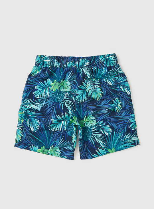 Tropical Print Swim Shorts with Drawstring Closure