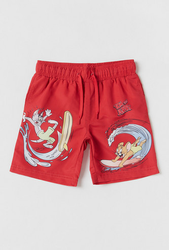 Tom and Jerry Print Swim Shorts with Drawstring Closure