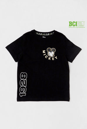 Mickey Mouse Print BCI Cotton T-shirt with Round Neck and Short Sleeves