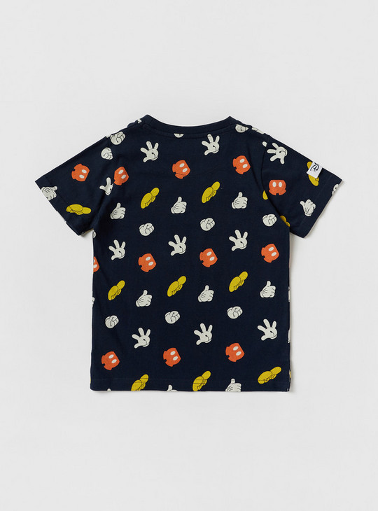 All-Over Mickey Mouse Print T-shirt with Round Neck and Short Sleeves
