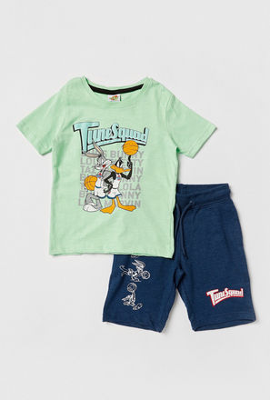 Looney Tunes Print Crew Neck T-shirt and Shorts Set