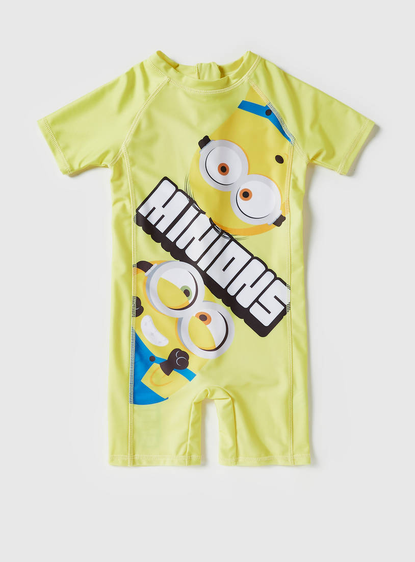Minions Print Swimsuit with Short Sleeves and Zip Closure-Swimwear-image-0