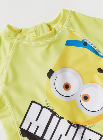Minions Print Swimsuit with Short Sleeves and Zip Closure