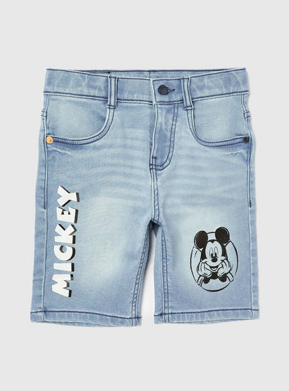Mickey Mouse Mid-Rise Denim Shorts with Button Closure and Pockets