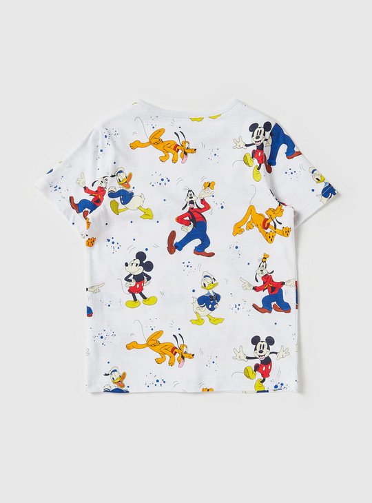 All Over Mickey Mouse and Friends Print Henley Neck T-shirt with Short Sleeves