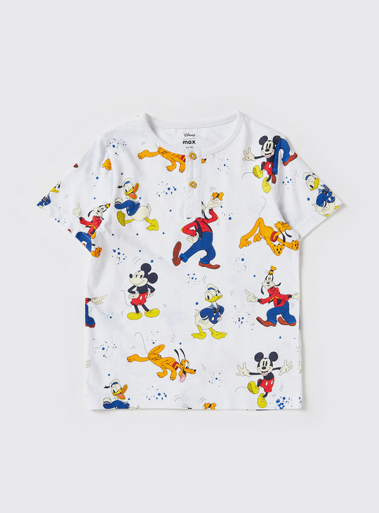 All Over Mickey Mouse and Friends Print Henley Neck T-shirt with Short Sleeves