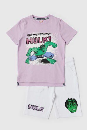 Hulk Print Round Neck T-shirt and Shorts Set
