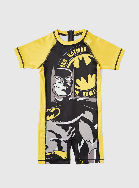 Batman Print Swimsuit with Short Sleeves and Zip Closure