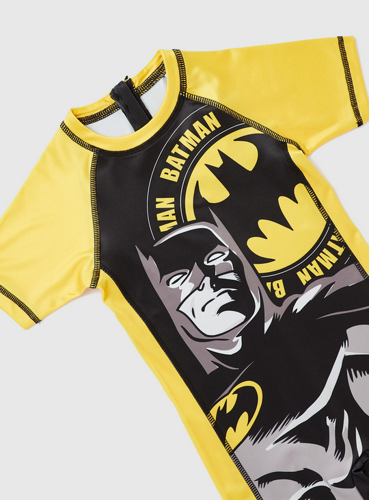 Batman Print Swimsuit with Short Sleeves and Zip Closure