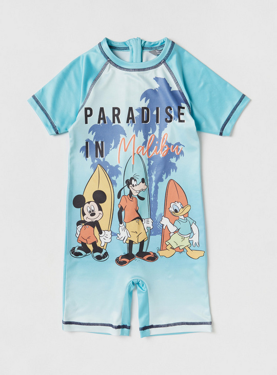 Mickey Mouse Print Swimsuit with Zip Closure and Short Sleeves