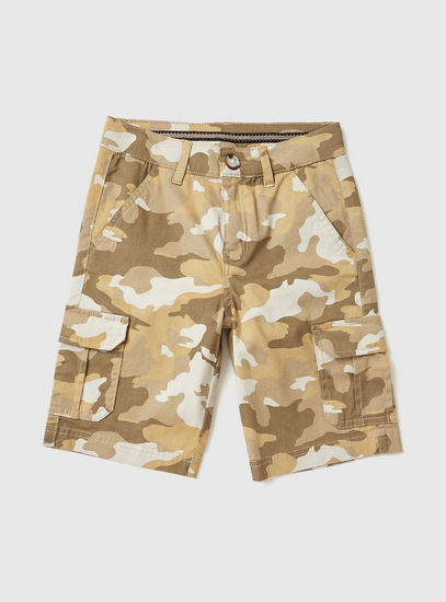 All-Over Camouflage Print Shorts with Pockets and Belt Loops