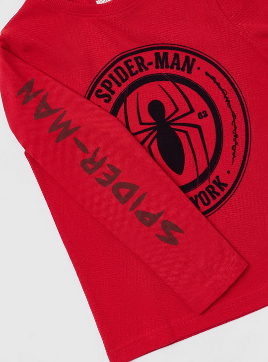 Spider-Man Print BCI Cotton T-shirt with Round Neck and Long Sleeves